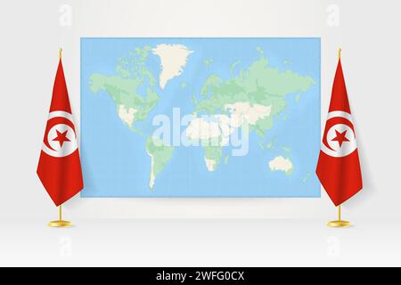 Carte du monde entre deux drapeaux suspendus de la Tunisie sur le stand de drapeau. Illustration vectorielle pour réunion diplomatique, conférence de presse et autres. Illustration de Vecteur