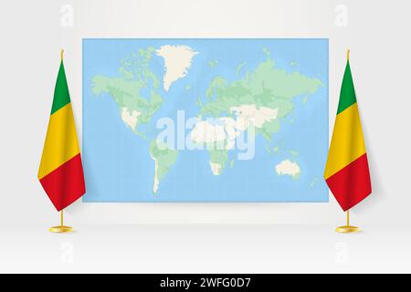 Carte du monde entre deux drapeaux suspendus du Mali sur le stand de drapeau. Illustration vectorielle pour réunion diplomatique, conférence de presse et autres. Illustration de Vecteur