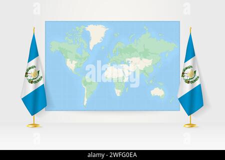 Carte du monde entre deux drapeaux suspendus du Guatemala sur le stand de drapeau. Illustration vectorielle pour réunion diplomatique, conférence de presse et autres. Illustration de Vecteur