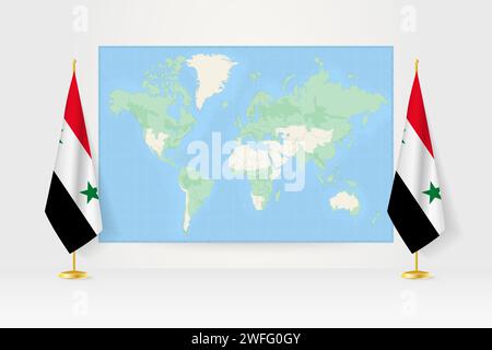 Carte du monde entre deux drapeaux suspendus de la Syrie sur le stand de drapeau. Illustration vectorielle pour réunion diplomatique, conférence de presse et autres. Illustration de Vecteur