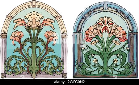 Ensemble de deux vitraux voûtés avec motif de lys floral, illustration de style Art nouveau Illustration de Vecteur