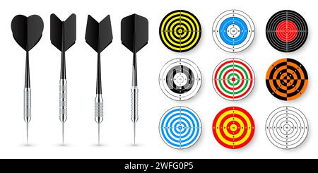 Cibles en papier avec flèches de fléchettes et ombres. Champ de tir cible ronde, divisions, marques et numéros. Entraînement et entraînement au tir à l'arme à feu, sport Illustration de Vecteur
