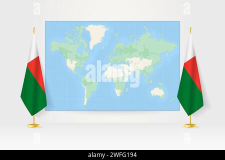 Carte du monde entre deux drapeaux suspendus de Madagascar sur stand de drapeau. Illustration vectorielle pour réunion diplomatique, conférence de presse et autres. Illustration de Vecteur