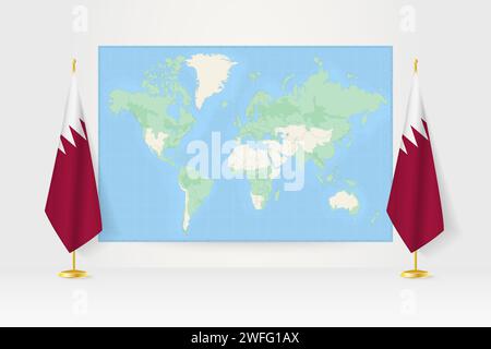 Carte du monde entre deux drapeaux suspendus du Qatar sur le stand de drapeau. Illustration vectorielle pour réunion diplomatique, conférence de presse et autres. Illustration de Vecteur