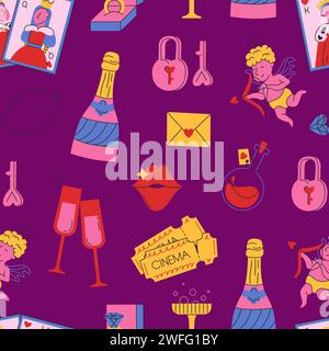 Motif sans couture pour la Saint-Valentin. Jolies illustrations griffonnées. Style rétro. Illustration vectorielle. Bon pour papier cadeau, affiches, cartes, impressions Illustration de Vecteur