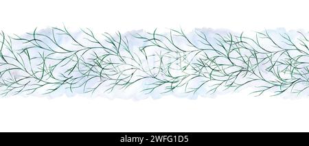 Plantes aquatiques. Plante aquatique. Algues et laminaires. Bannière horizontale sans couture. Corail bleu sur fond bleu. Illustration aquarelle vintage. Pour textile Banque D'Images
