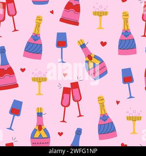 Motif sans couture pour la Saint-Valentin. Bouteilles de vin et de champagne, verres à vin. Jolies illustrations griffonnées Illustration de Vecteur