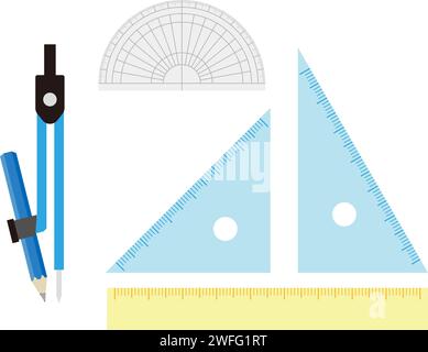 Ensemble de compas, rapporteur et règle triangulaire. Illustration simple dans un design plat. Illustration de Vecteur