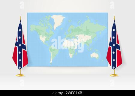 Carte du monde entre deux drapeaux suspendus de confédérés sur le stand de drapeau. Illustration vectorielle pour réunion diplomatique, conférence de presse et autres. Illustration de Vecteur