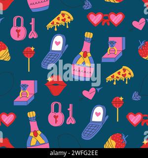 Motif sans couture pour la Saint-Valentin. Jolies illustrations griffonnées. Style rétro groovy. Illustration vectorielle Illustration de Vecteur