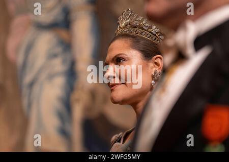 Stockholm, Suède. 30 janvier 2024. Princesse héritière Victoria de Suède assistant à un dîner de gala au Palais de Stockholm que le couple royal tient pour le couple présidentiel français lors d'une visite d'État de deux jours en Suède. Stockholm, Suède 30 janvier 2024. Photo Eliot Blondet/ABACAPRESS.COM crédit : Abaca Press/Alamy Live News Banque D'Images