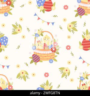 Modèle sans couture avec de petits poussins mignons dans le panier de Pâques avec des œufs et des fleurs sur fond blanc. Illustration vectorielle pour la conception Pascal, papier peint Illustration de Vecteur