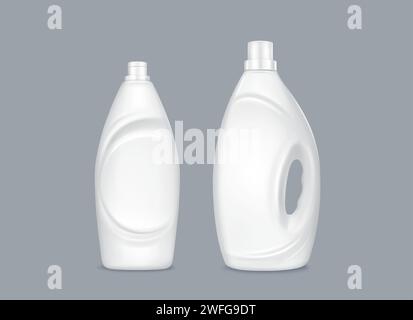 Bouteilles de détergent à lessive isolées sur fond. Illustration réaliste vectorielle de maquettes de récipients en plastique blanc avec espace vide pour la marque, gel de lavage textile à la maison, adoucissant textile organique Illustration de Vecteur