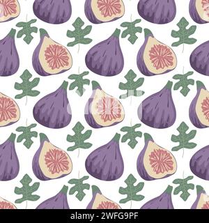 Motif sans couture de fruits de figue mûrs. Fond avec des figues entières violettes, des moitiés et des feuilles. Imprimé estival fruité dessiné à la main. Ornement alimentaire biologique sain Illustration de Vecteur