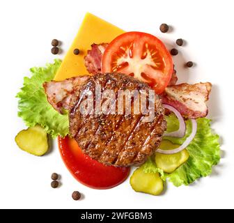 divers ingrédients alimentaires pour faire burger isolé sur fond blanc, vue de dessus Banque D'Images