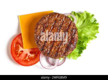 ingrédients burger isolés sur fond blanc, vue de dessus Banque D'Images