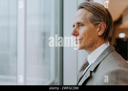 Homme d'affaires mûr réfléchi regardant par la fenêtre au bureau Banque D'Images
