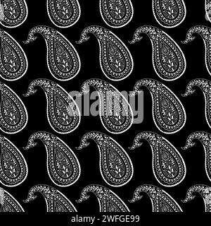 Modèle sans couture Monohcrome avec motifs Paisley sur fond noir Illustration de Vecteur