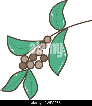 Branche dessinée à la main avec des grains de café clip art. Branche simple avec feuillage et grains de café mûrs Arabica ou Rabusta. Branche botanique, vecteur isolé Illustration de Vecteur