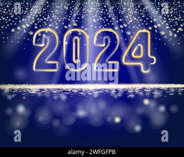 Bannière bonne année 2024 étincelles lumineuses brillantes, fond bleu Illustration de Vecteur