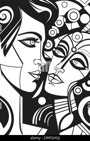 Illustration de contour de vecteur d'art abstrait de couple, portrait d'homme et de femme. Coloriage noir et blanc de visages humains Illustration de Vecteur