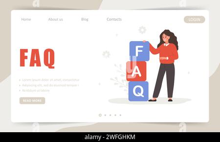 Concept FAQ. Modèle de page d'arrivée. Femme debout à proximité de grands cubes avec des lettres FAQ. Assistance clientèle et service d'assistance en ligne. Vecteur Illustration de Vecteur