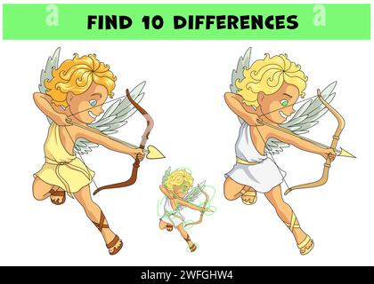 Trouvez 10 différences. Jeu éducatif pour les enfants avec le personnage de dessin animé Cupidon tirant une flèche. Jeu de puzzle logique pour le livre teaser du cerveau des enfants. Main Illustration de Vecteur