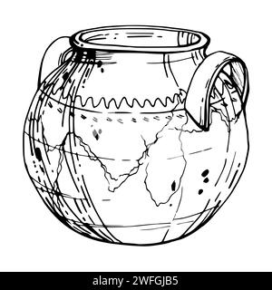 Illustration vectorielle à l'encre dessinée à la main, vase en céramique de poterie en argile traditionnelle faite à la main. Objet unique isolé sur fond blanc. Voyage de conception Illustration de Vecteur