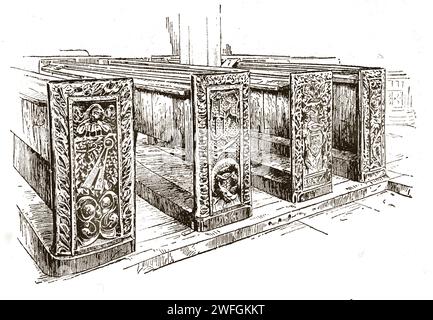 Stylo et encre sketc - East Budleigh Church, les bras de Ralegh sur pew ends. Illustration du livre Glorious Devon. Par S.P.B. mais, publié par London Great Western Railway Company, 1928 Banque D'Images