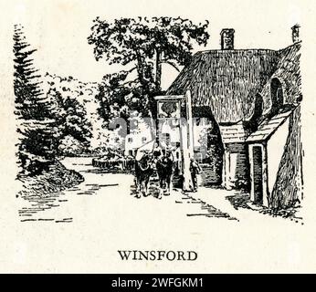 Cheval et charrette à l'extérieur du Royal Oak, Winsford, village pittoresque dans Somerset dans le comté d'Exmoor. Illustration du livre Glorious Devon. Par S.P.B. mais, publié par London Great Western Railway Company, 1928 Banque D'Images