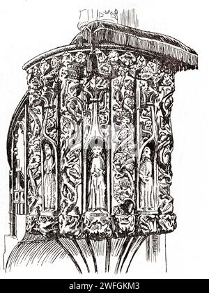 Croquis à la plume et à l'encre - Dittisham, South Hams District, Devon - chaire de l'église St George, la chaire en pierre sculptée et peinte date du 15e siècle. Illustration tirée du livre Glorious Devon de S.P.B. mais, publié par London Great Western Railway Company, 1928 Banque D'Images