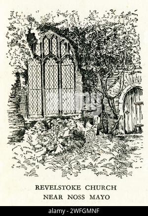 Croquis à la plume et à l'encre - Revelstoke Church près de Noss Mayo. Illustration du livre Glorious Devon. Par S.P.B. mais, publié par London Great Western Railway Company, 1928 Banque D'Images