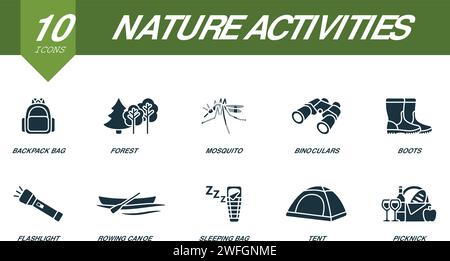 Icônes d'activités de nature définies. Icônes créatives : sac à dos, forêt, moustique, jumelles, bottes, lampe de poche, canot d'aviron, sac de couchage, tente, pique-nique Illustration de Vecteur
