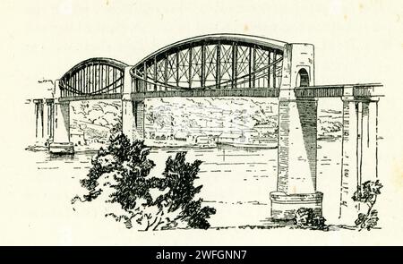 Croquis à la plume et à l'encre - le pont Royal Albert, qui longe maintenant le pont routier Tamar, - enjambe Saltash en Cornouailles et Plymouth dans le Devon. Ce pont ferroviaire a été conçu par le célèbre ingénieur Isambard Kingdom Brunel. Extrait du livre Glorious Devon. Par S.P.B. mais, publié par London Great Western Railway Company, 1928 Banque D'Images