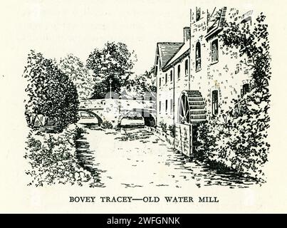 Croquis à la plume et à l'encre - Bovey Tracey Old Water Mill, Devon. Par S.P.B. mais, publié par London Great Western Railway Company, 1928 Banque D'Images