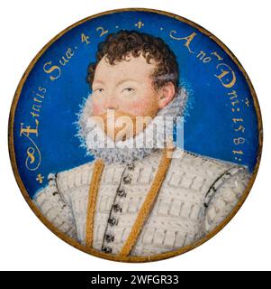 Sir Francis Drake (1540-1596), explorateur anglais, portrait miniature aquarelle sur vélin de Nicholas Hilliard, 1581 Banque D'Images