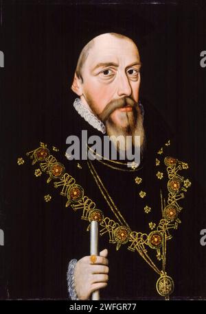 William Cecil, 1e baron Burghley, Lord Burghley (1520-1598), homme d'État anglais. Conseiller principal de la reine Elizabeth I, portrait à l'huile sur panneau, après 1572 Banque D'Images