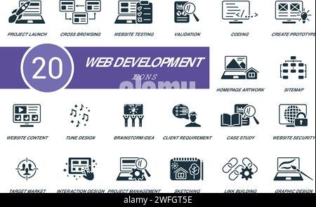 Ensemble de développement Web. Icônes créatives : lancement de projet, navigation croisée, site Web testng, validation, codage, créer prototype, illustration de la page d'accueil, sitemap Illustration de Vecteur