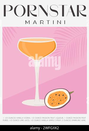 Pornstar Martini cocktail garni de fruits de la passion. Recette classique de boisson alcoolisée impression murale moderne. Affiche apéritif d'été. tr. Minimaliste Illustration de Vecteur