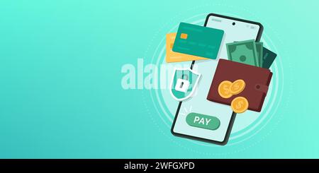 Portefeuille numérique, paiements électroniques et application bancaire en ligne sur smartphone, bannière avec espace de copie Illustration de Vecteur
