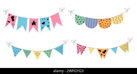 Guirlande de drapeau, ensemble plat de fête d'anniversaire d'étoile. Anniversaire, fête de fête suspendue collection de dessins animés. Buntings fanions, festival Illustration de Vecteur