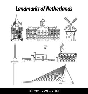 Ensemble de points de repère célèbres des pays-Bas par style de contour de silhouette, illustration vectorielle Illustration de Vecteur