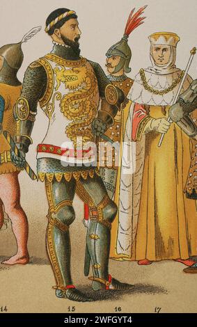 Histoy d'Italie. 1300. De gauche à droite, 15 : Bernabo Visconti (1319-1385), seigneur de Milan (1349-1385), 16 : guerrier vénitien (en arrière-plan), 17 : sénateur romain. Chromolithographie. Historia Universal', de César Cantú. Volume VI, 1885. Banque D'Images