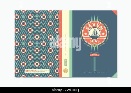 Notes imprimer modèle avec voilier, ceintures de sauvetage et divers éléments de conception nautique. Concept vectoriel de couvertures de cahier. Illustration de Vecteur