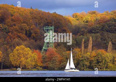 Bateau à voile à l'automne avec la tête de la mine de charbon Carl Funke, lac Baldeneysee, Allemagne, Rhénanie du Nord-Westphalie, région de la Ruhr, Essen Banque D'Images