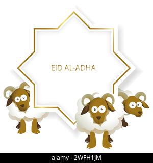 Forme d'étoile blanche avec des moutons de bande dessinée, carte de voeux EPS 10 pour Eid Al-Adha, ornement islamique décoratif Illustration de Vecteur