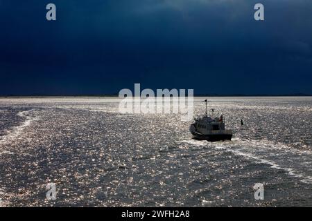 Bateau sur la mer du Nord rétro-éclairé avec un ciel dramatiquement sombre, Allemagne, Basse-Saxe, Frise orientale, Mer du Nord Banque D'Images