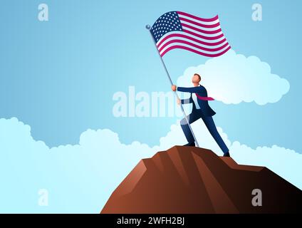 Homme d'affaires au sommet de la montagne tenant le drapeau des Etats-Unis, illustration vectorielle Illustration de Vecteur
