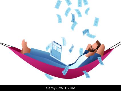 Homme couché dans une balançoire d'hamac avec ordinateur portable, liberté financière, commerçant en ligne, illustration vectorielle Illustration de Vecteur