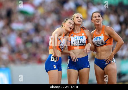 Sofie DOKTER, Anouk VETTER, Emma OOSTERWEGEL participant à l'heptathlon des Championnats du monde d'athlétisme de Budapest 2023. Banque D'Images